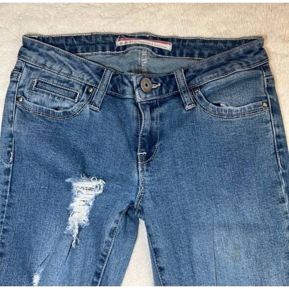 Standards and Practices Distressed Holey Bell Bottom Flare Blue Jeans - Picture 3 of 11